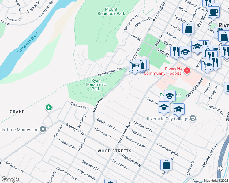 map of restaurants, bars, coffee shops, grocery stores, and more near 4830 Palm Avenue in Riverside