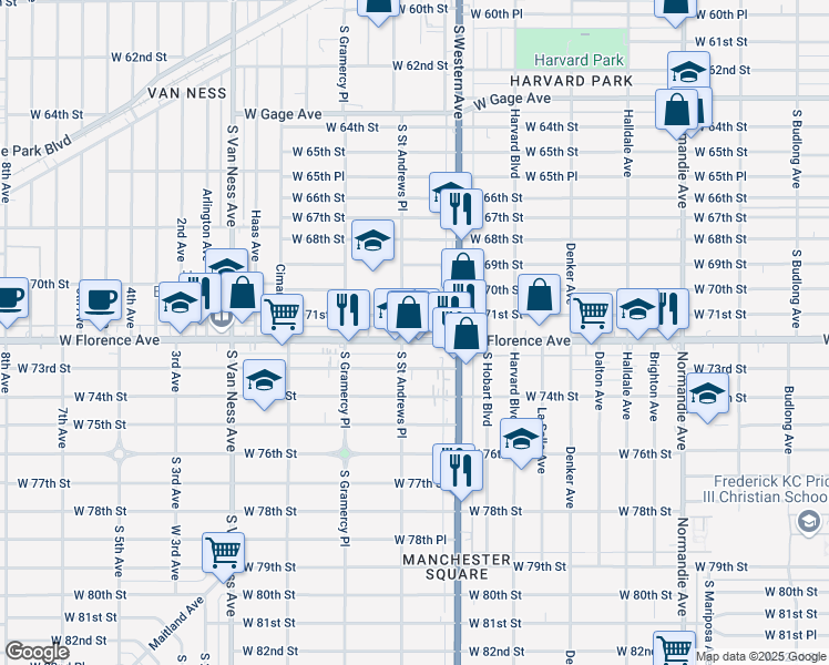 map of restaurants, bars, coffee shops, grocery stores, and more near 1847 West Florence Avenue in Los Angeles