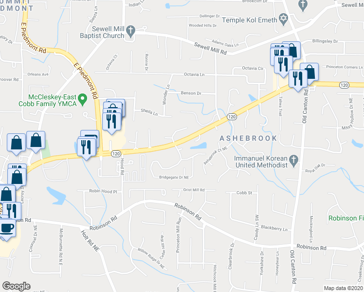 map of restaurants, bars, coffee shops, grocery stores, and more near 2753 Bridgegate Trce Northeast in Marietta