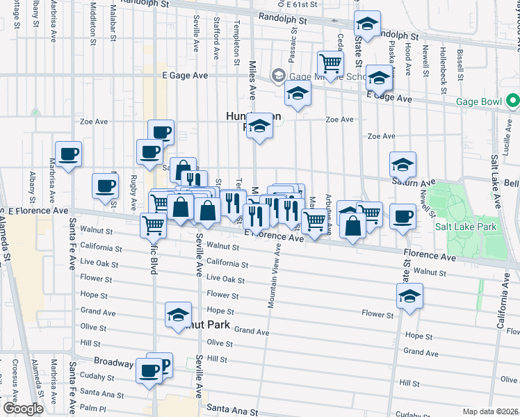 map of restaurants, bars, coffee shops, grocery stores, and more near 7034 Miles Avenue in Huntington Park
