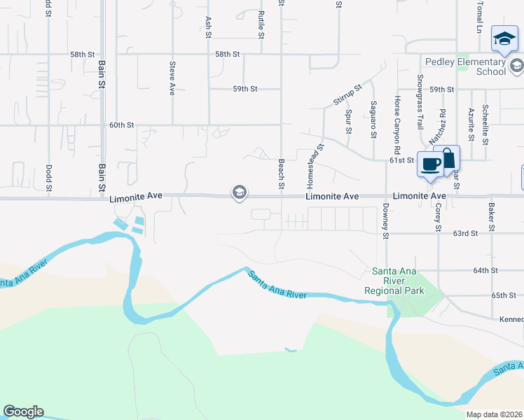 map of restaurants, bars, coffee shops, grocery stores, and more near 9797 Crossbay Loop in Jurupa Valley