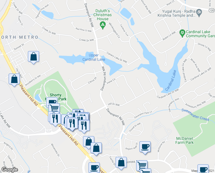 map of restaurants, bars, coffee shops, grocery stores, and more near 2779 Irene Circle in Duluth