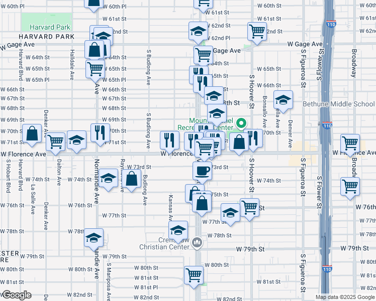 map of restaurants, bars, coffee shops, grocery stores, and more near 1031 West Florence Avenue in Los Angeles