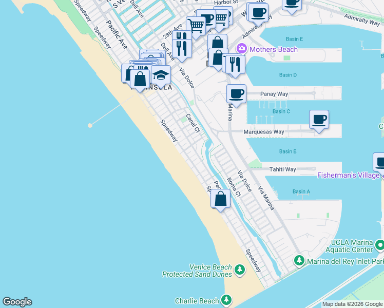 map of restaurants, bars, coffee shops, grocery stores, and more near 23 Ironsides Street in Marina del Rey
