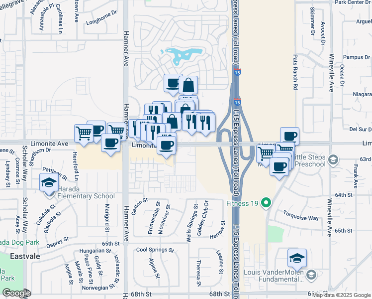 map of restaurants, bars, coffee shops, grocery stores, and more near 12442 Limonite Avenue in Eastvale