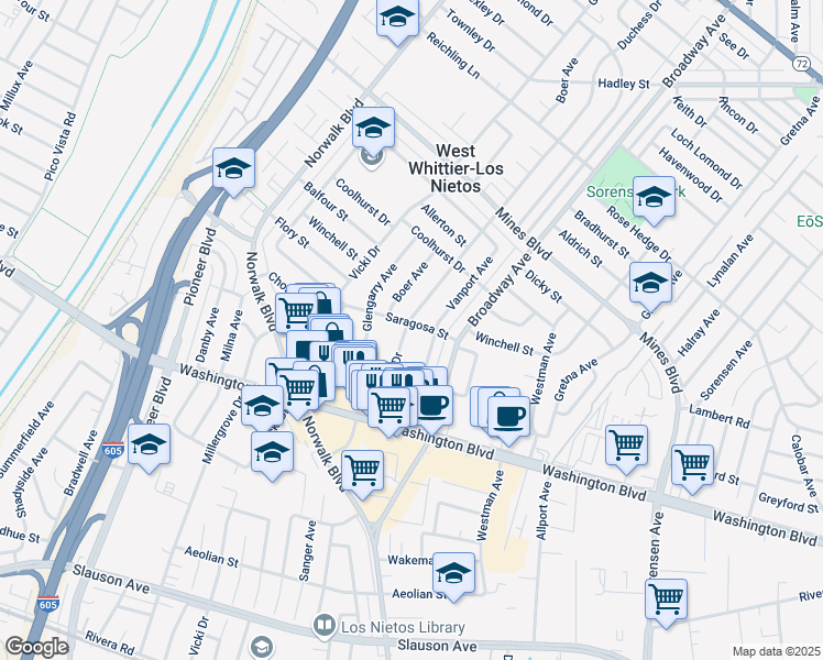 map of restaurants, bars, coffee shops, grocery stores, and more near 11226 Saragosa Street in Whittier