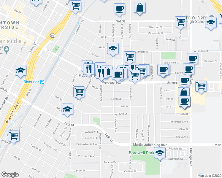 map of restaurants, bars, coffee shops, grocery stores, and more near 2315 9th Street in Riverside