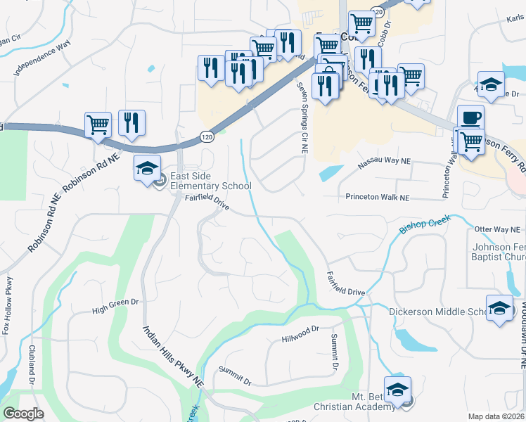map of restaurants, bars, coffee shops, grocery stores, and more near 1114 Fairfield Drive in Marietta