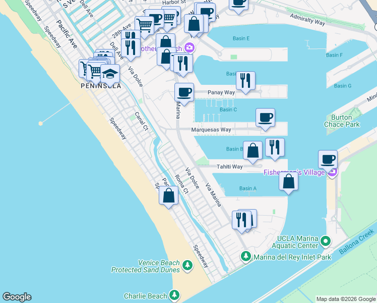 map of restaurants, bars, coffee shops, grocery stores, and more near 4320 Vía Marina in Marina del Rey