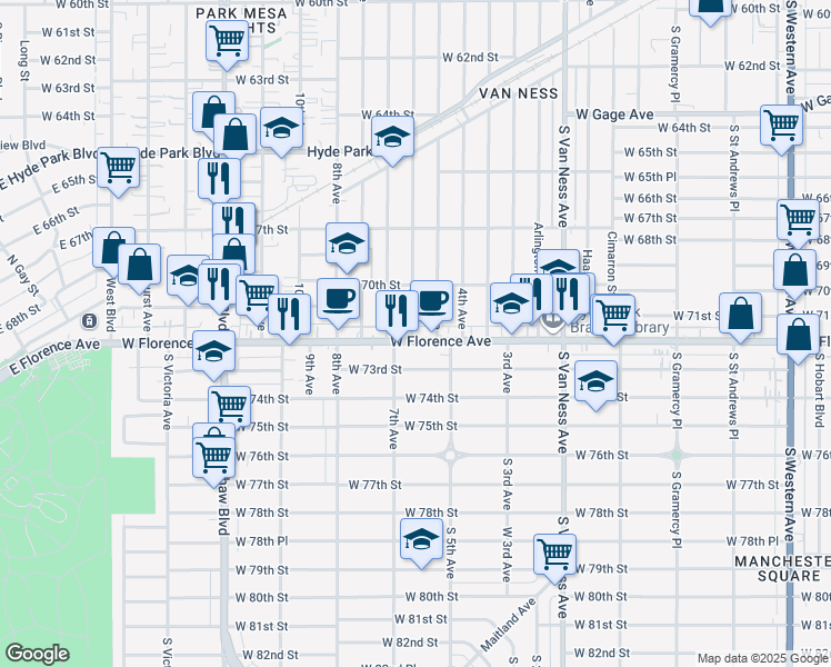map of restaurants, bars, coffee shops, grocery stores, and more near 7050 6th Avenue in Los Angeles