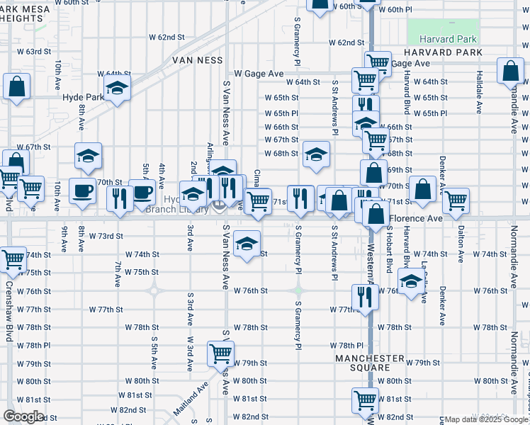 map of restaurants, bars, coffee shops, grocery stores, and more near 2057 West Florence Avenue in Los Angeles