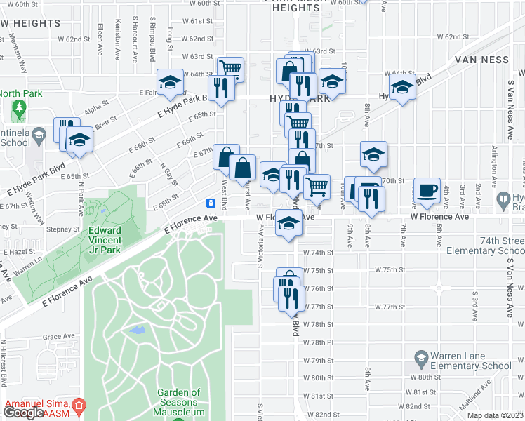 map of restaurants, bars, coffee shops, grocery stores, and more near 3463 West Florence Avenue in Los Angeles