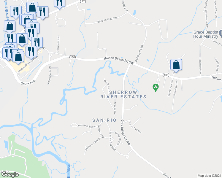 map of restaurants, bars, coffee shops, grocery stores, and more near 2972 Ash Drive Southwest in Shallotte