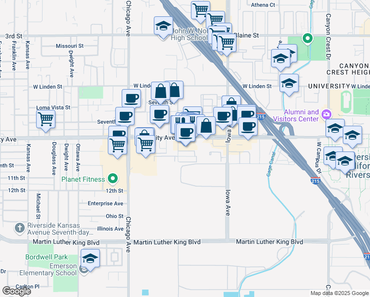 map of restaurants, bars, coffee shops, grocery stores, and more near 1450 University Avenue in Riverside