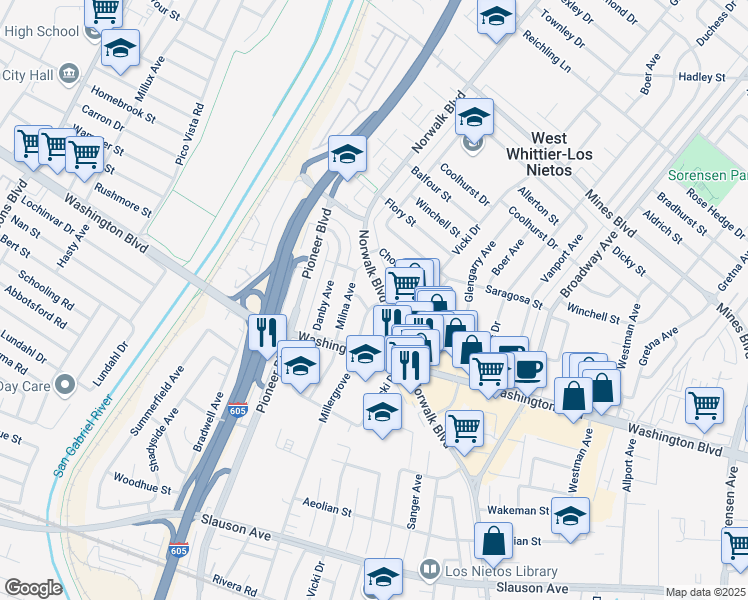 map of restaurants, bars, coffee shops, grocery stores, and more near 7809 Rockne Avenue in Whittier