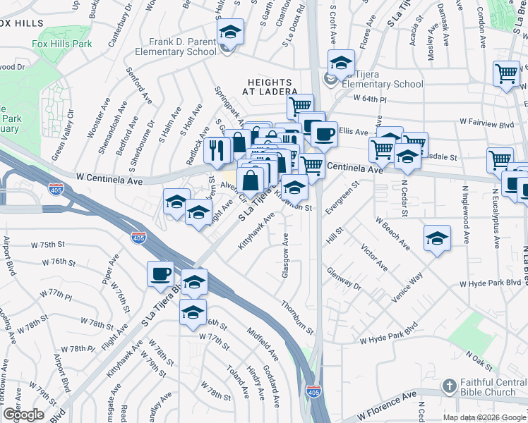 map of restaurants, bars, coffee shops, grocery stores, and more near 6945 Kittyhawk Avenue in Los Angeles