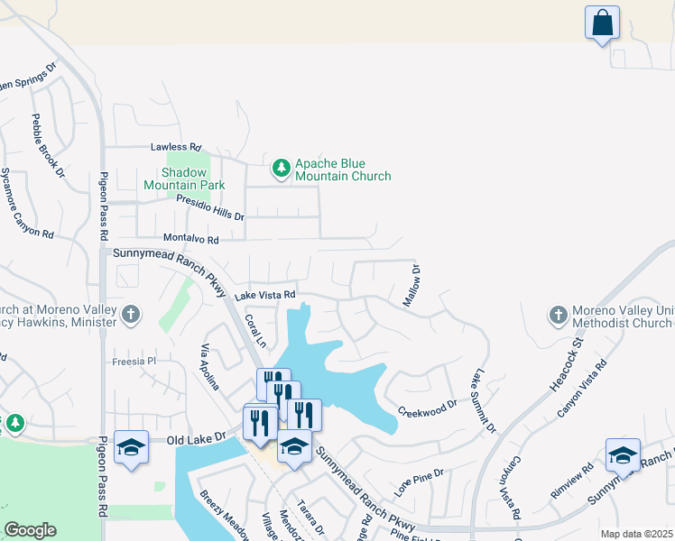 map of restaurants, bars, coffee shops, grocery stores, and more near 10040 Thornbird Court in Moreno Valley