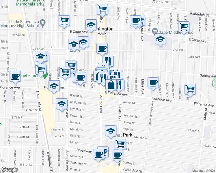 map of restaurants, bars, coffee shops, grocery stores, and more near 7119 Rita Avenue in Huntington Park