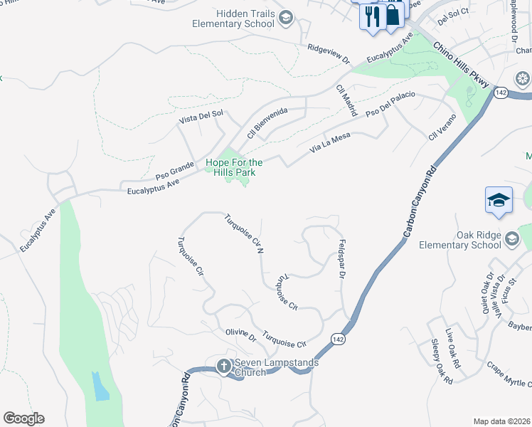 map of restaurants, bars, coffee shops, grocery stores, and more near 15337 Cinnabar Court in Chino Hills