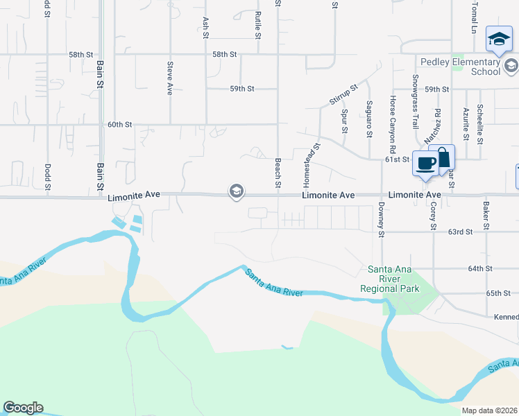 map of restaurants, bars, coffee shops, grocery stores, and more near 9798 Crossbay Loop in Jurupa Valley