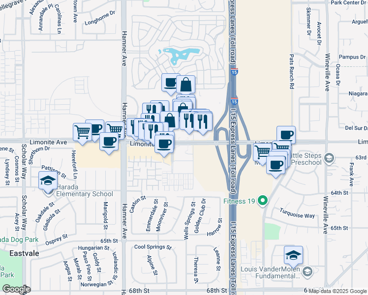 map of restaurants, bars, coffee shops, grocery stores, and more near 12442 Limonite Avenue in Eastvale