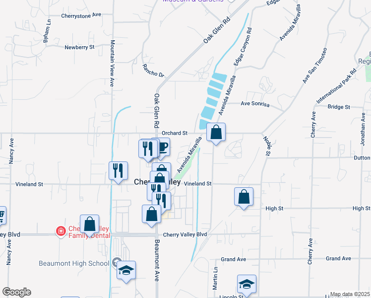 map of restaurants, bars, coffee shops, grocery stores, and more near 10081 Avenida Miravilla in Cherry Valley