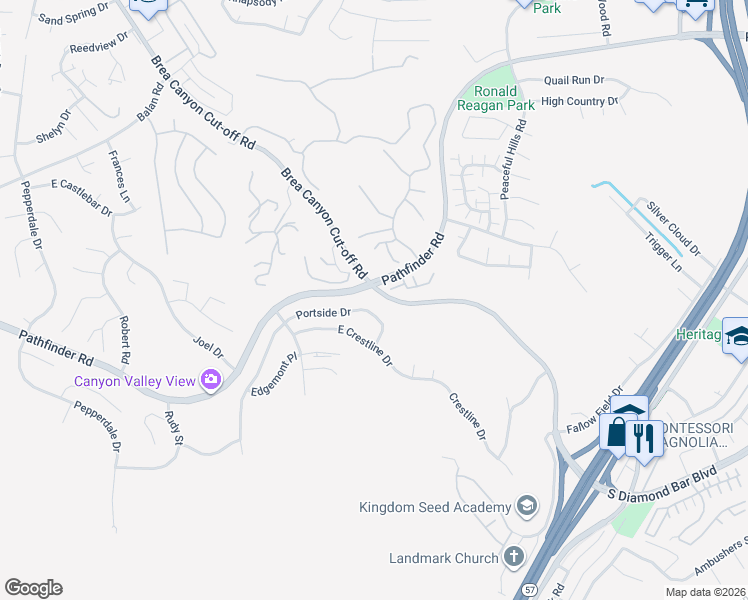 map of restaurants, bars, coffee shops, grocery stores, and more near 20367 Portside Drive in Walnut