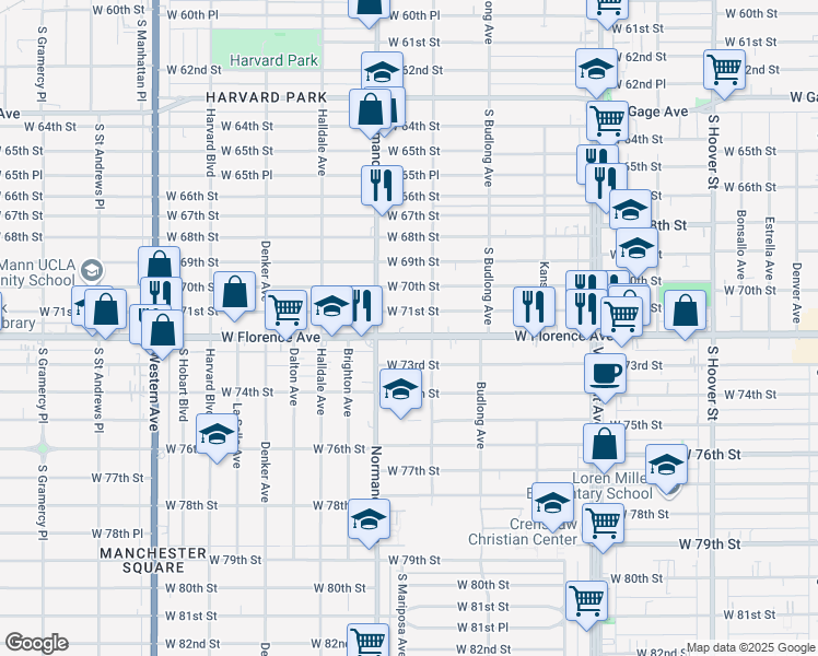 map of restaurants, bars, coffee shops, grocery stores, and more near 1327 W Florence Ave in Los Angeles