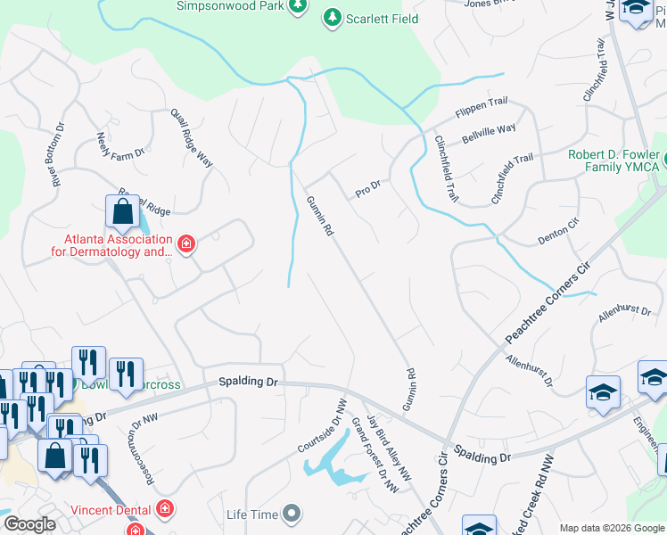 map of restaurants, bars, coffee shops, grocery stores, and more near 4071 Gunnin Road in Peachtree Corners