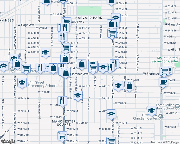 map of restaurants, bars, coffee shops, grocery stores, and more near 7112 South Denker Avenue in Los Angeles