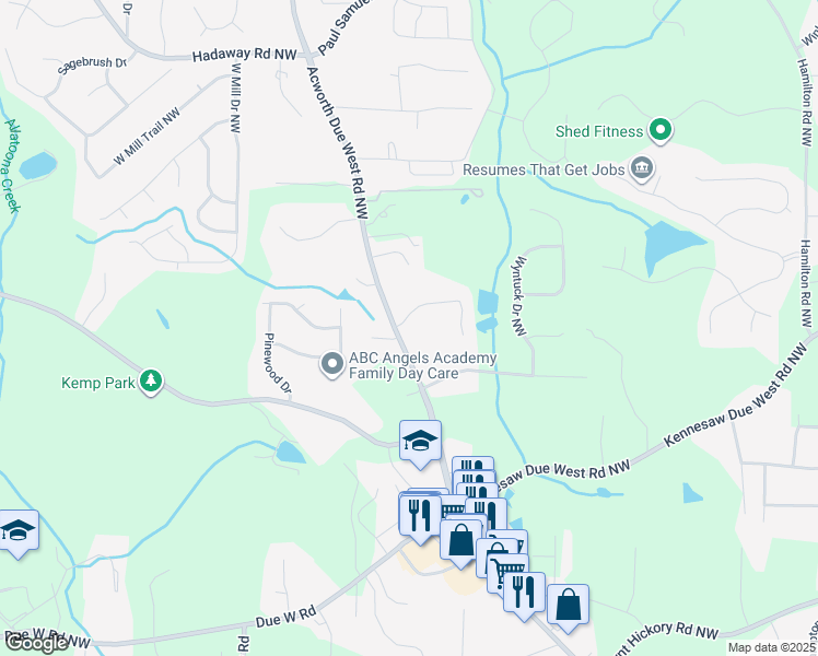 map of restaurants, bars, coffee shops, grocery stores, and more near 3895 Stone Lakes Drive Northwest in Kennesaw