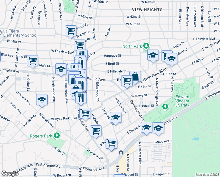 map of restaurants, bars, coffee shops, grocery stores, and more near 339 East Plymouth Street in Inglewood