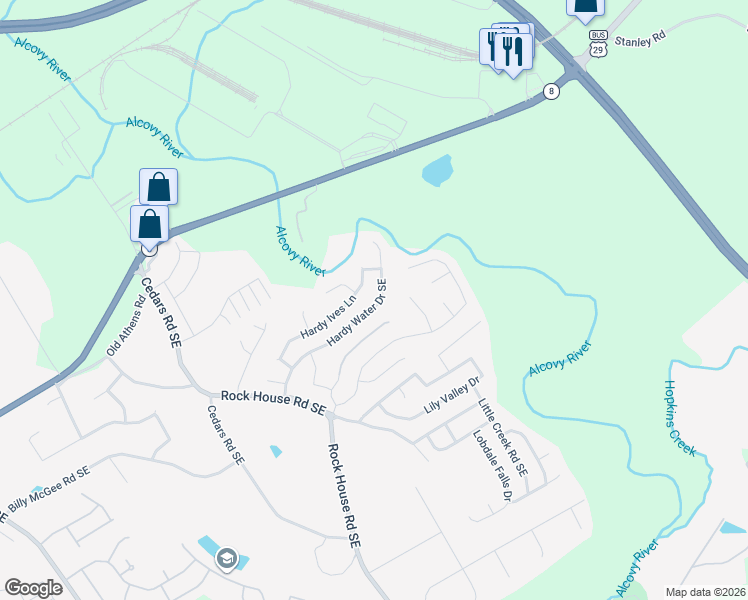 map of restaurants, bars, coffee shops, grocery stores, and more near 239 Hardy Water Drive Southeast in Lawrenceville