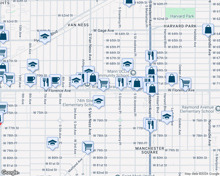 map of restaurants, bars, coffee shops, grocery stores, and more near 2037 West Florence Avenue in Los Angeles