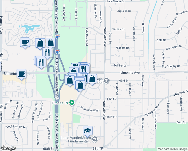 map of restaurants, bars, coffee shops, grocery stores, and more near 11962 Silver Loop in Jurupa Valley