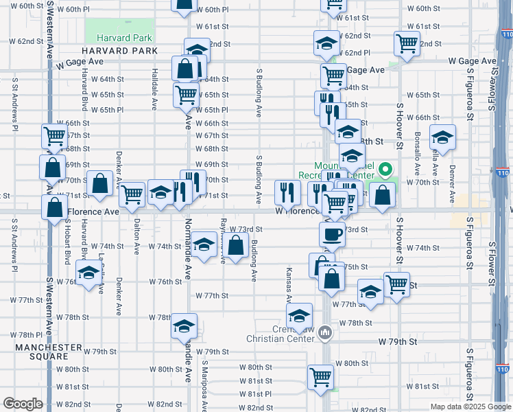 map of restaurants, bars, coffee shops, grocery stores, and more near 1201 West Florence Avenue in Los Angeles