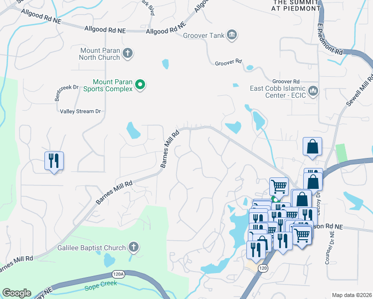 map of restaurants, bars, coffee shops, grocery stores, and more near 809 Oak Trail Drive in Marietta