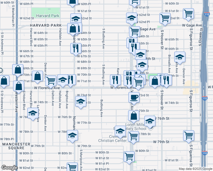 map of restaurants, bars, coffee shops, grocery stores, and more near 1151 West Florence Avenue in Los Angeles