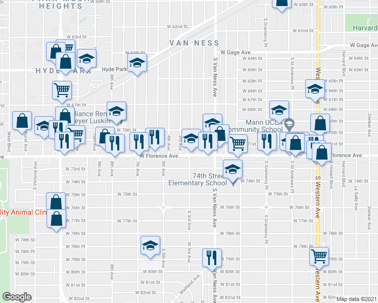 map of restaurants, bars, coffee shops, grocery stores, and more near 2405 W Florence Ave in Los Angeles