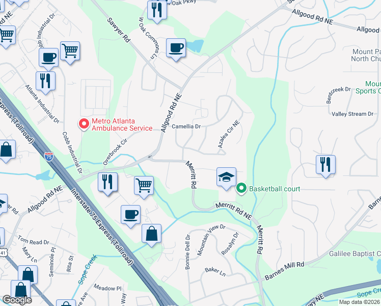 map of restaurants, bars, coffee shops, grocery stores, and more near 984 Azalea Circle Northeast in Marietta