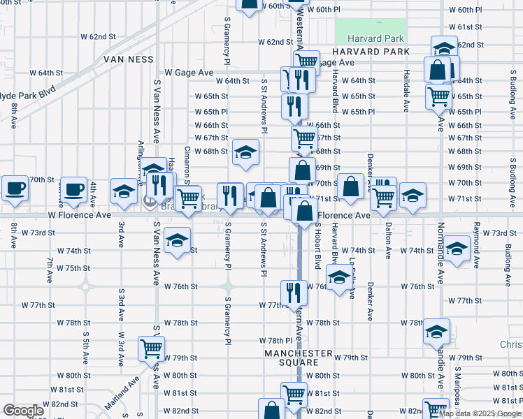 map of restaurants, bars, coffee shops, grocery stores, and more near 1853 West Florence Avenue in Los Angeles