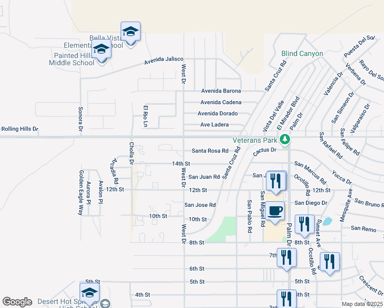 map of restaurants, bars, coffee shops, grocery stores, and more near 66033 Santa Rosa Road in Desert Hot Springs