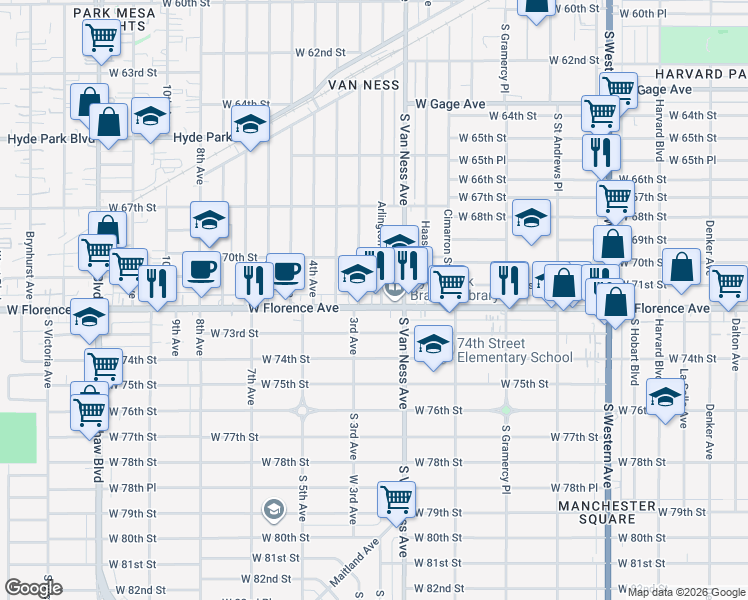 map of restaurants, bars, coffee shops, grocery stores, and more near 2215 West Florence Avenue in Los Angeles