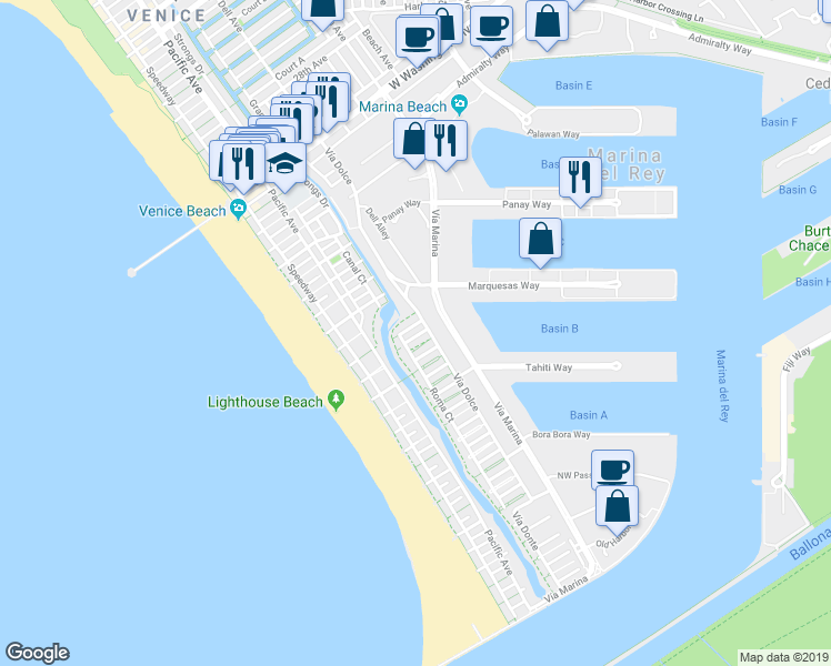 map of restaurants, bars, coffee shops, grocery stores, and more near 128 Roma Court in Marina del Rey