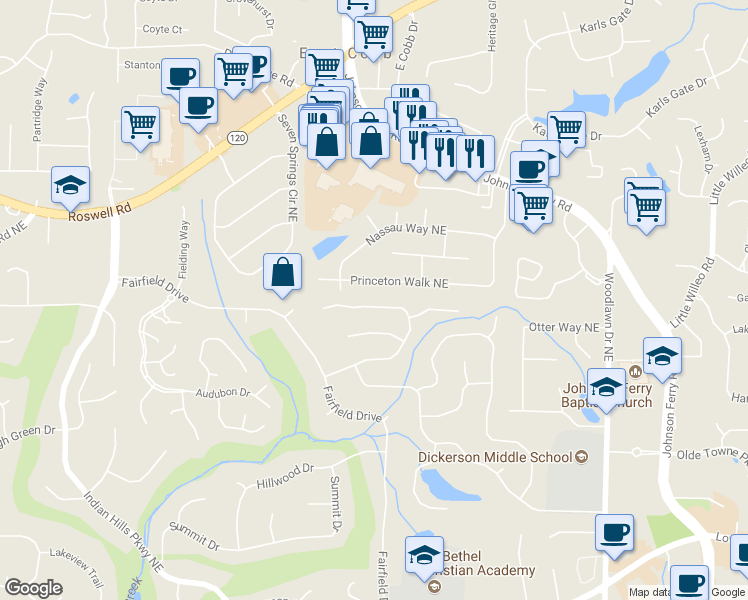 map of restaurants, bars, coffee shops, grocery stores, and more near 4510 Hampton Woods Drive Northeast in Marietta