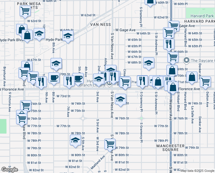 map of restaurants, bars, coffee shops, grocery stores, and more near 2215 West Florence Avenue in Los Angeles
