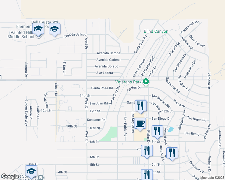 map of restaurants, bars, coffee shops, grocery stores, and more near 66195 Santa Rosa Road in Desert Hot Springs