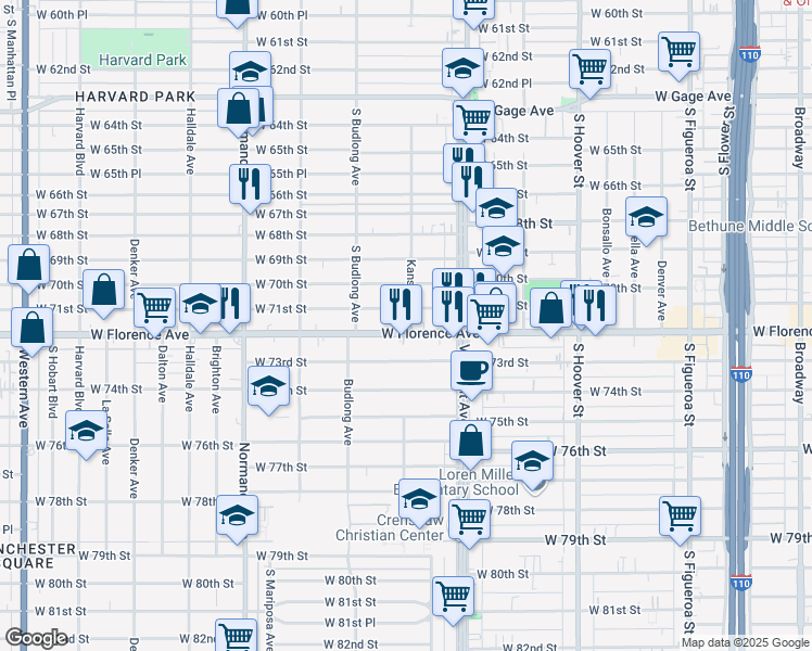 map of restaurants, bars, coffee shops, grocery stores, and more near 1101 West Florence Avenue in Los Angeles