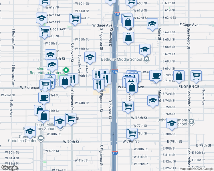 map of restaurants, bars, coffee shops, grocery stores, and more near in Los Angeles