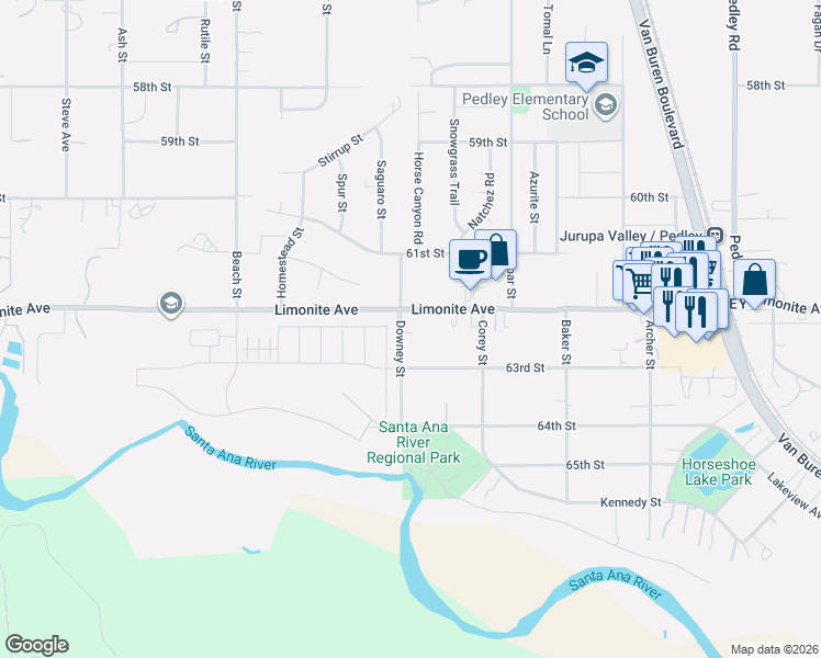 map of restaurants, bars, coffee shops, grocery stores, and more near 6236 Downey Street in Riverside